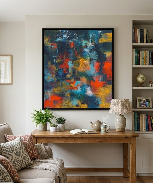 Living room with a colorful abstract painting on the wall.