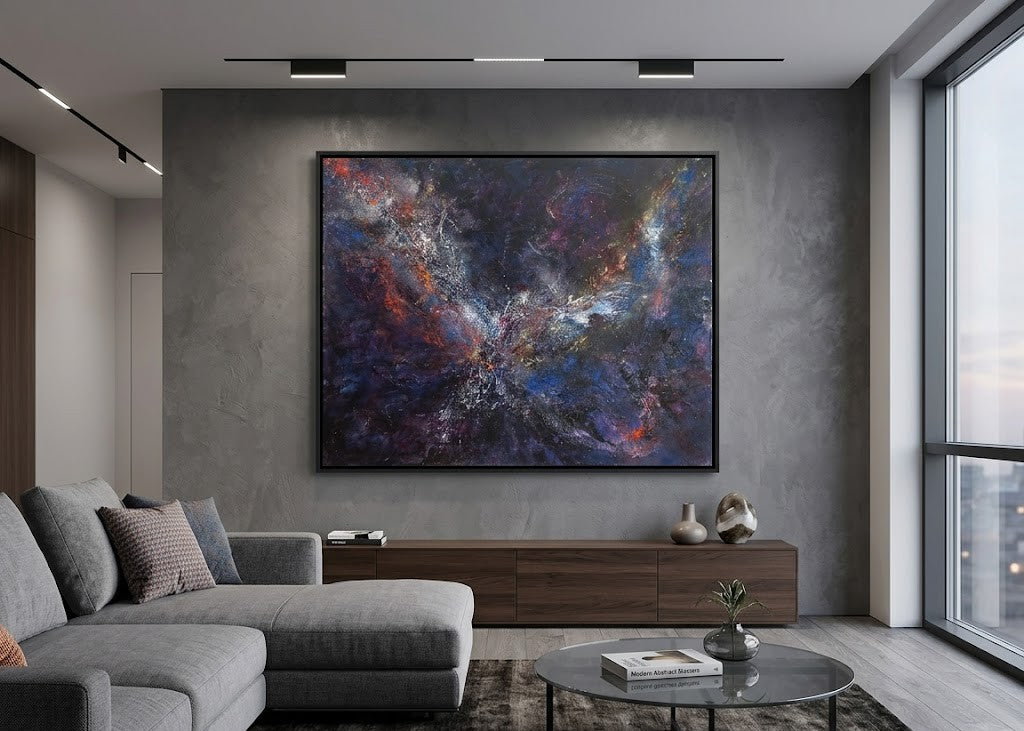 Epic nebula cosmic abstract painting on the wall of a modern living room apartment.