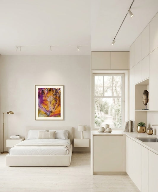 Modern bedroom and kitchen with a colorful abstract painting on the wall.
