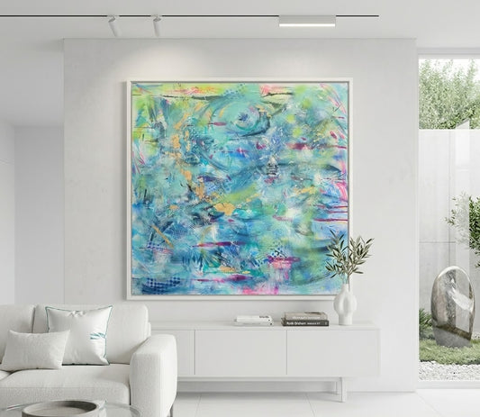 Aqua, gold and blue sea based abstract painting
