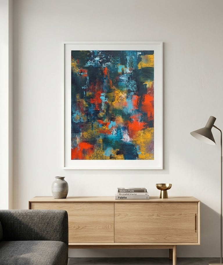 White framed multicolour abstract painting on a wall.
