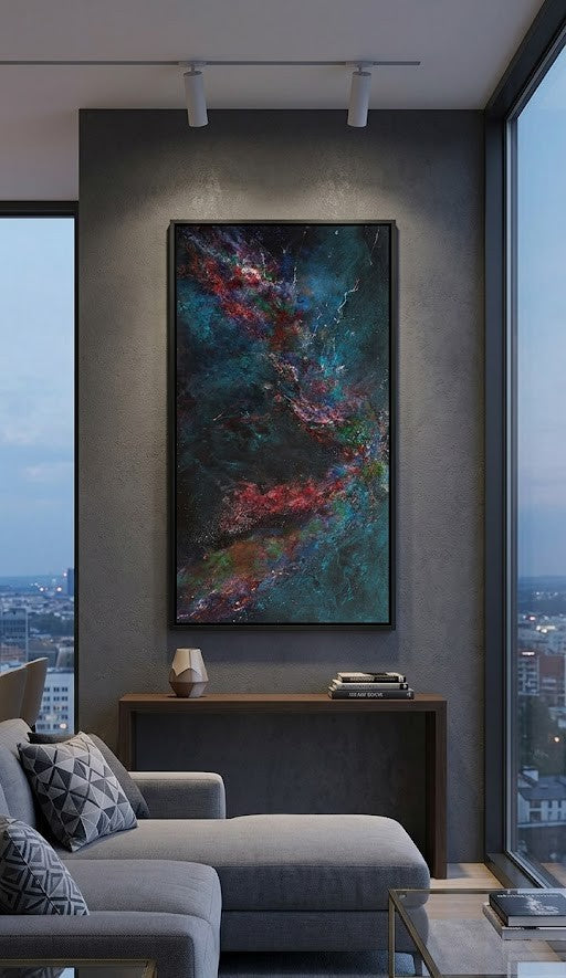 Modern living room with a large cosmic abstract painting .