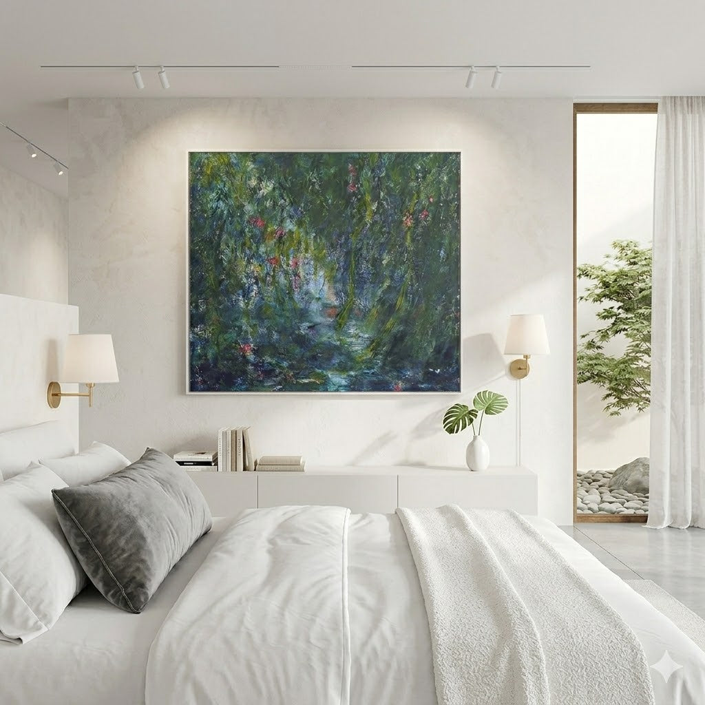 Modern bedroom with a large abstract watery painting on wall