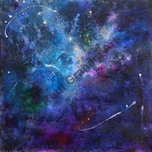 Modern art with a cosmic theme featuring blue, purple, and green colors by artist Ruth Graham