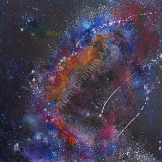 Colorful galaxy painting with star-like dots on a dark background