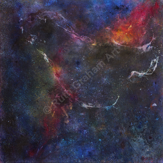 Abstract space scene with celestial bodies and nebulae, by abstract artist Ruth Graham