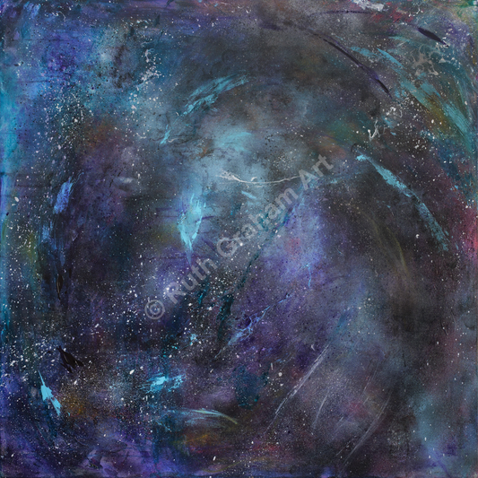 Contemporary abstract painting with swirling colors in blue, purple, and black