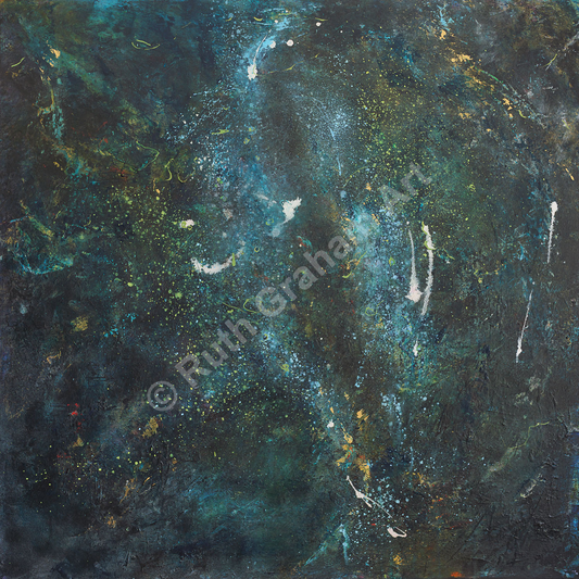 Abstract painting with dark and light blue and green tones by Ruth Graham