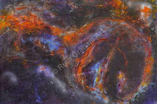 Abstract cosmic nebula painting with swirling colors and textures