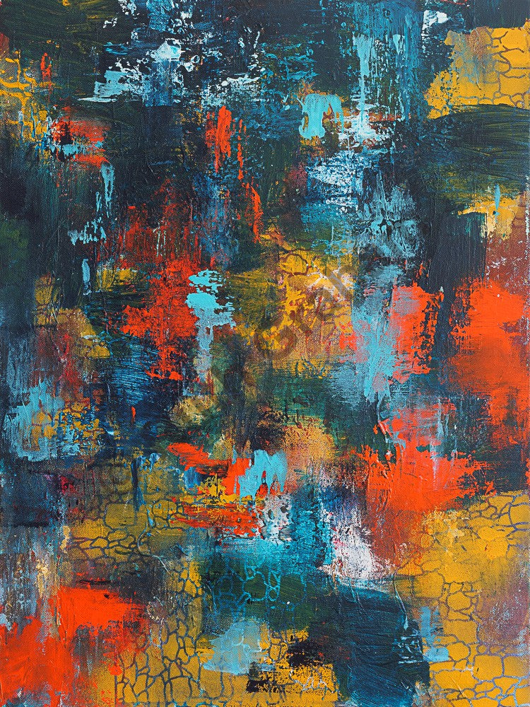 Abstract painting with a mix of red, blue, yellow, and black colors on a textured surface.