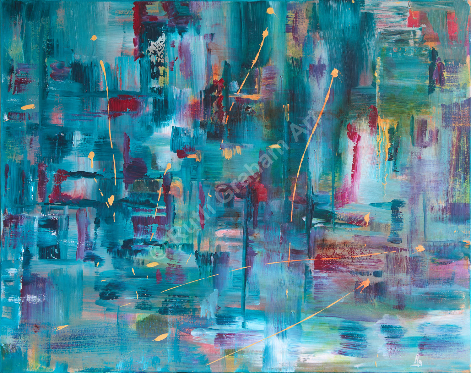 Abstract painting with a mix of blue, purple, and red colors.