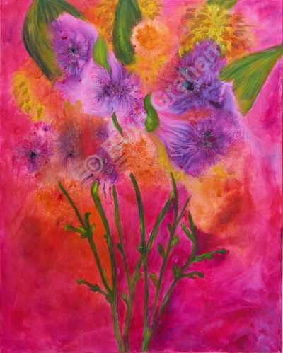 Colorful floral painting with pink and purple flowers on a vibrant pink background