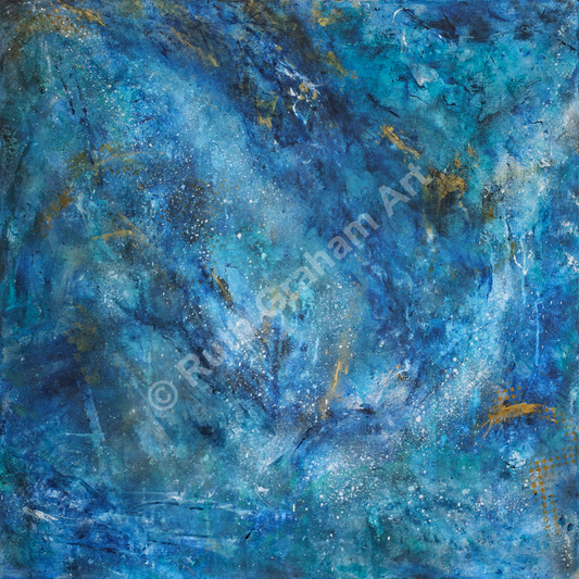 Contemporary abstract blue painting with gold accents for living room